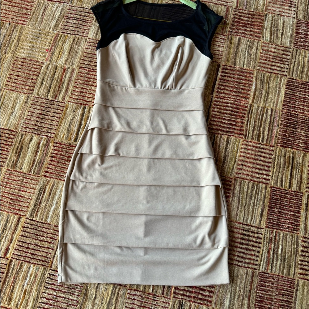 Ladies small cocktail dress.  Tan layered knit with black mesh shoulders.